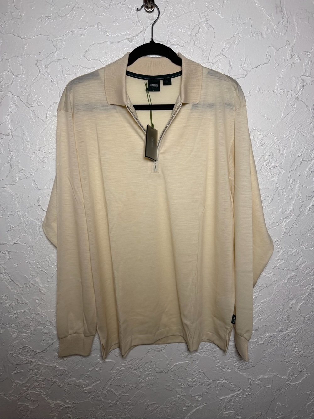 BOSS Men's Cream Zip-Neck Polo Sweater